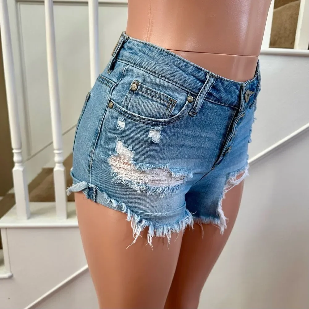 Buttonfly distressed high waist denim shorts